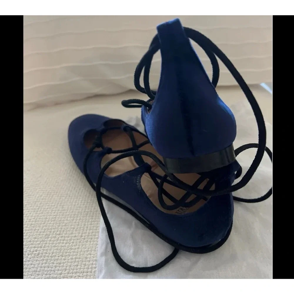 ZARA Velvet Ballet Flats NWT | Ankle Wrap Tie Closure Navy Blue 7.5–9 - Picture 6 of 16